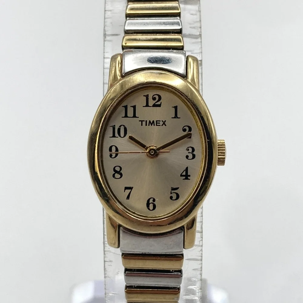 Timex Cavatina Womens Watch 18mm Gold Silver Tone Stretch Band New Battery SMALL